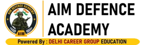 AIM Defence Academy official logo with soldier and Indian flags in background
