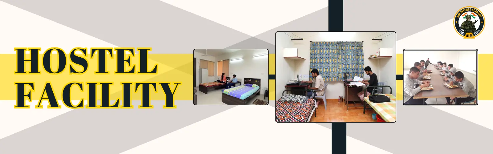 Hostel Facility at AIM Defence Academy with clean rooms, study areas, and dining hall for NDA students
